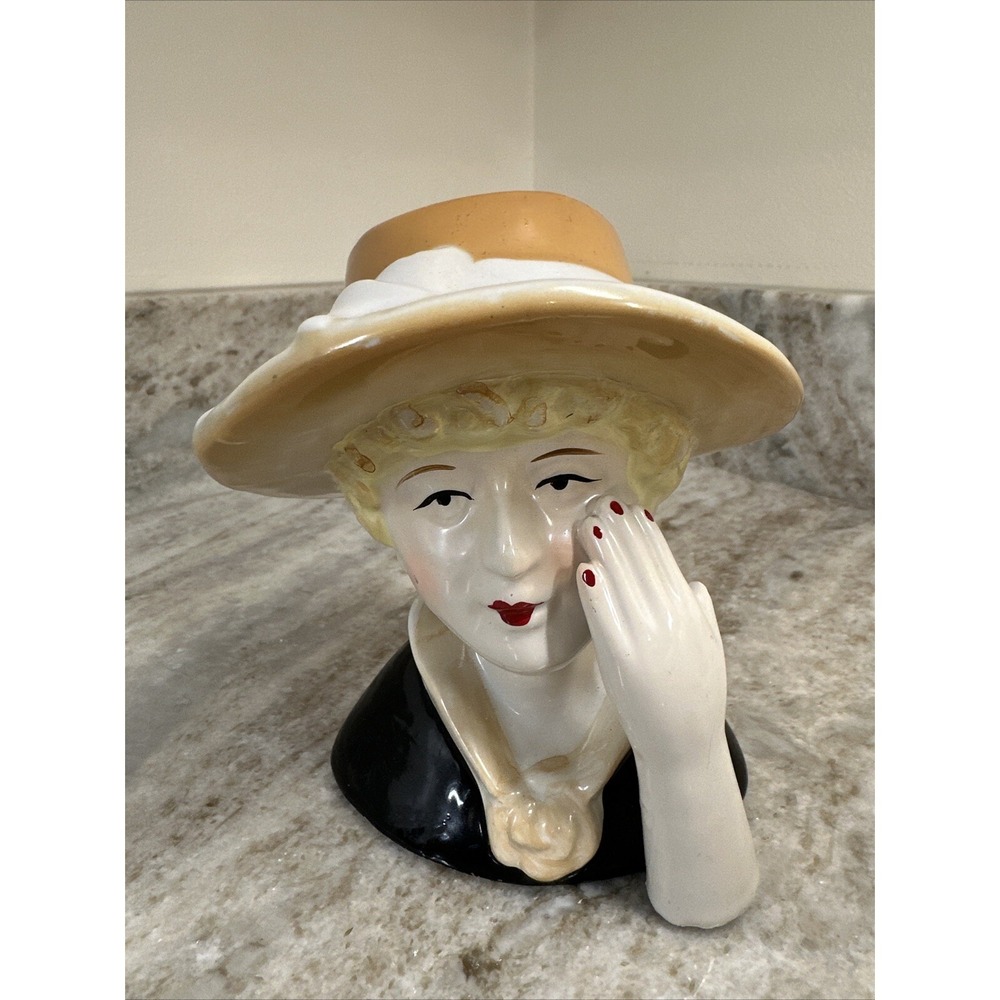 Vintage Lady In Yellow Hat Bust Red Lipstick & Nails 1950s MCM Figurine